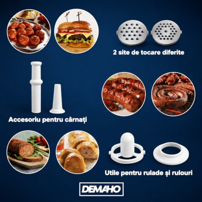 Masina de tocat carne electrica 3000 W – 120 kg/ora, 3 site inox, functie Reverse, componente detasabile [7]