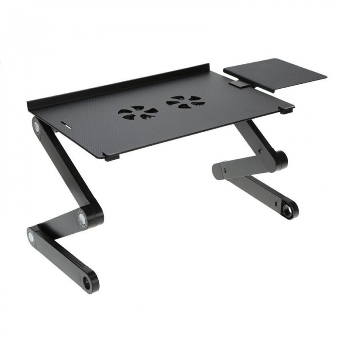 Masuta laptop din aluminiu multifunctionala, Sistem Dublu Ventilatie Tip Cooler, Pliabila, Inaltime/Inclinare reglabila, Picioare reglabile, Suport Mouse, Negru [2]