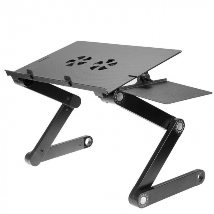 Masuta laptop din aluminiu multifunctionala, Sistem Dublu Ventilatie Tip Cooler, Pliabila, Inaltime/Inclinare reglabila, Picioare reglabile, Suport Mouse, Negru [4]