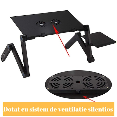 Masuta laptop din aluminiu multifunctionala, Sistem Dublu Ventilatie Tip Cooler, Pliabila, Inaltime/Inclinare reglabila, Picioare reglabile, Suport Mouse, Negru [6]