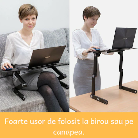 Masuta laptop din aluminiu multifunctionala, Sistem Dublu Ventilatie Tip Cooler, Pliabila, Inaltime/Inclinare reglabila, Picioare reglabile, Suport Mouse, Negru [9]