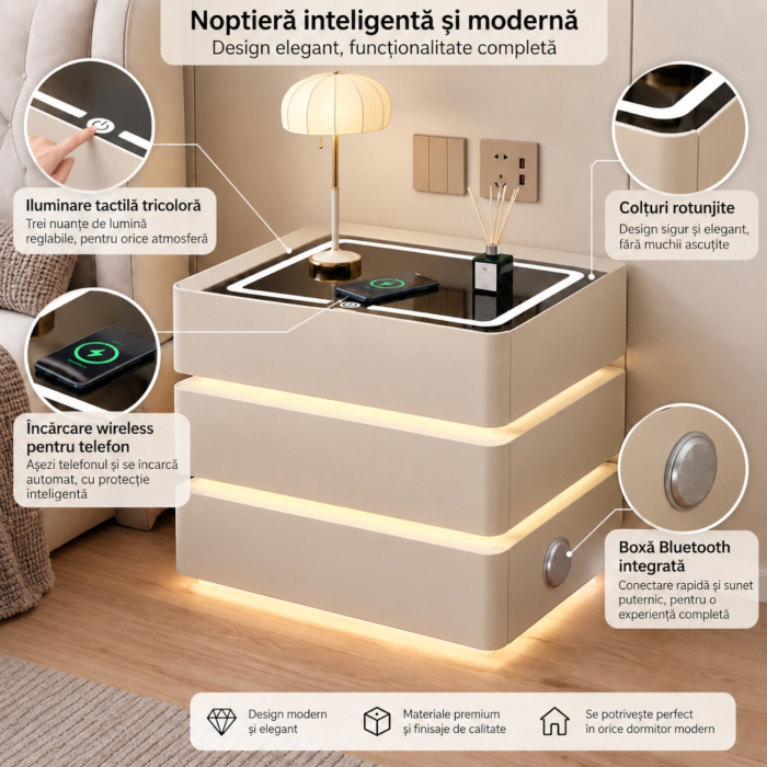 Noptiera Multifunctionala cu 3 Sertare, Design Suspendat, Incarcare Wireless si Boxa Bluetooth, Iluminare LED Ambientala Tricolora, 50x40x62cm, Bej [4]