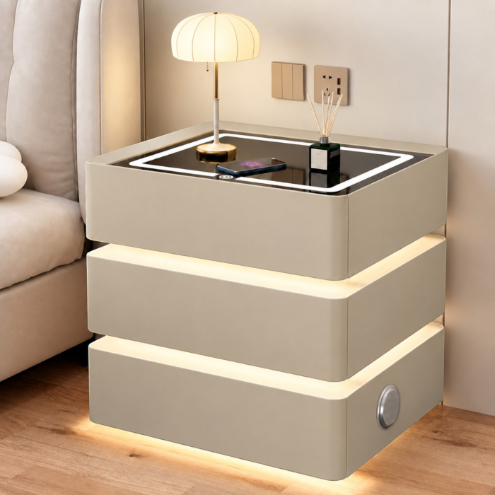 Noptiera Multifunctionala cu 3 Sertare, Design Suspendat, Incarcare Wireless si Boxa Bluetooth, Iluminare LED Ambientala Tricolora, 50x40x62cm, Bej [9]