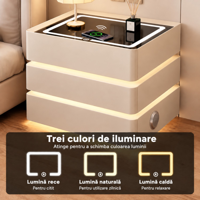 Noptiera Multifunctionala cu 3 Sertare, Design Suspendat, Incarcare Wireless si Boxa Bluetooth, Iluminare LED Ambientala Tricolora, 50x40x62cm, Bej [6]