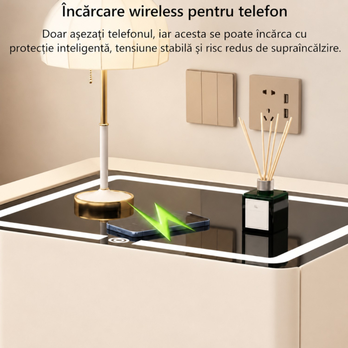 Noptiera Multifunctionala cu 3 Sertare, Design Suspendat, Incarcare Wireless si Boxa Bluetooth, Iluminare LED Ambientala Tricolora, 50x40x62cm, Bej [5]