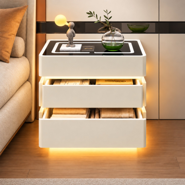 Noptiera Multifunctionala cu 3 Sertare, Design Suspendat, Incarcare Wireless si Boxa Bluetooth, Iluminare LED Ambientala Tricolora, 50x40x62cm, Bej [3]