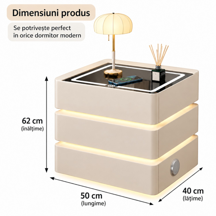 Noptiera Multifunctionala cu 3 Sertare, Design Suspendat, Incarcare Wireless si Boxa Bluetooth, Iluminare LED Ambientala Tricolora, 50x40x62cm, Bej [11]