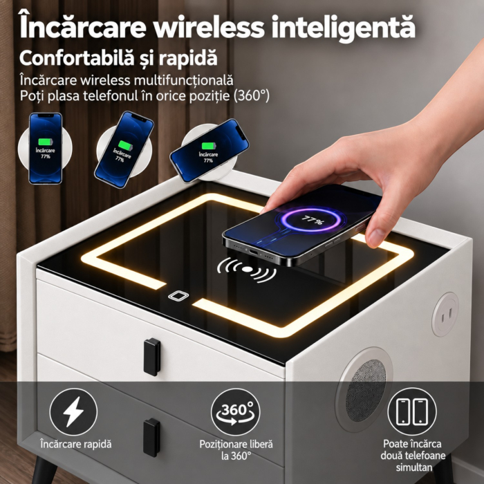 Noptiera Multifunctionala cu 2 Sertare, Incarcare Wireless si Boxa Bluetooth, Afisaj LED Tactil cu 3 Culori si 2 Porturi USB, 50x40x46cm, Alb [6]