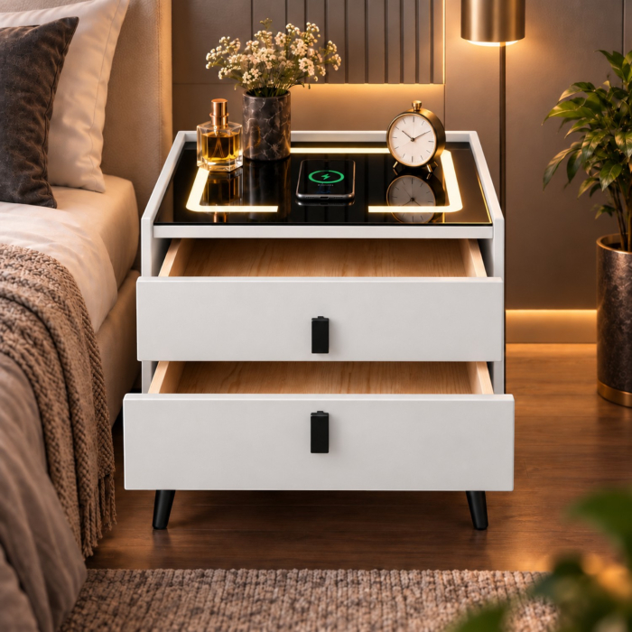 Noptiera Multifunctionala cu 2 Sertare, Incarcare Wireless si Boxa Bluetooth, Afisaj LED Tactil cu 3 Culori si 2 Porturi USB, 50x40x46cm, Alb [3]