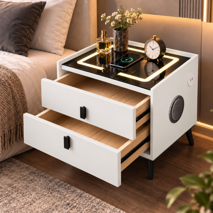 Noptiera Multifunctionala cu 2 Sertare, Incarcare Wireless si Boxa Bluetooth, Afisaj LED Tactil cu 3 Culori si 2 Porturi USB, 50x40x46cm, Alb [2]