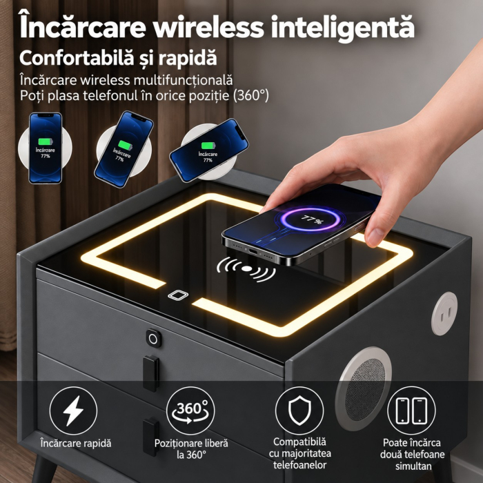 Noptiera Multifunctionala cu 2 Sertare, Incarcare Wireless si Boxa Bluetooth, Afisaj LED Tactil cu 3 Culori si 2 Porturi USB, 50x40x46cm, Gri Antracit [6]