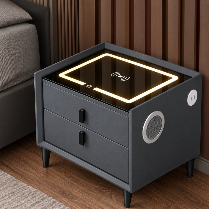 Noptiera Multifunctionala cu 2 Sertare, Incarcare Wireless si Boxa Bluetooth, Afisaj LED Tactil cu 3 Culori si 2 Porturi USB, 50x40x46cm, Gri Antracit [5]