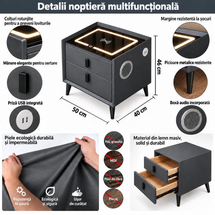 Noptiera Multifunctionala cu 2 Sertare, Incarcare Wireless si Boxa Bluetooth, Afisaj LED Tactil cu 3 Culori si 2 Porturi USB, 50x40x46cm, Gri Antracit [11]