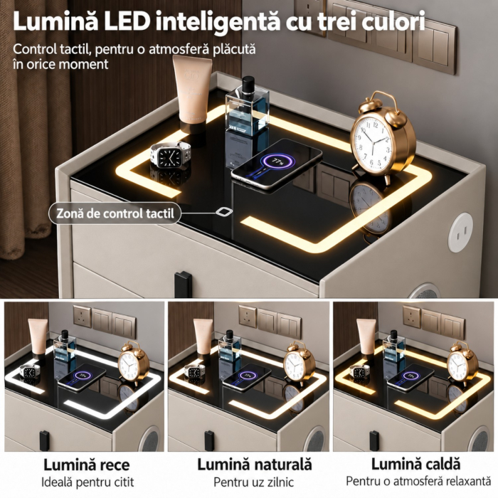 Noptiera Multifunctionala cu 2 Sertare, Incarcare Wireless si Boxa Bluetooth, Afisaj LED Tactil cu 3 Culori si 2 Porturi USB, 50x40x46cm, Gri Deschis [9]