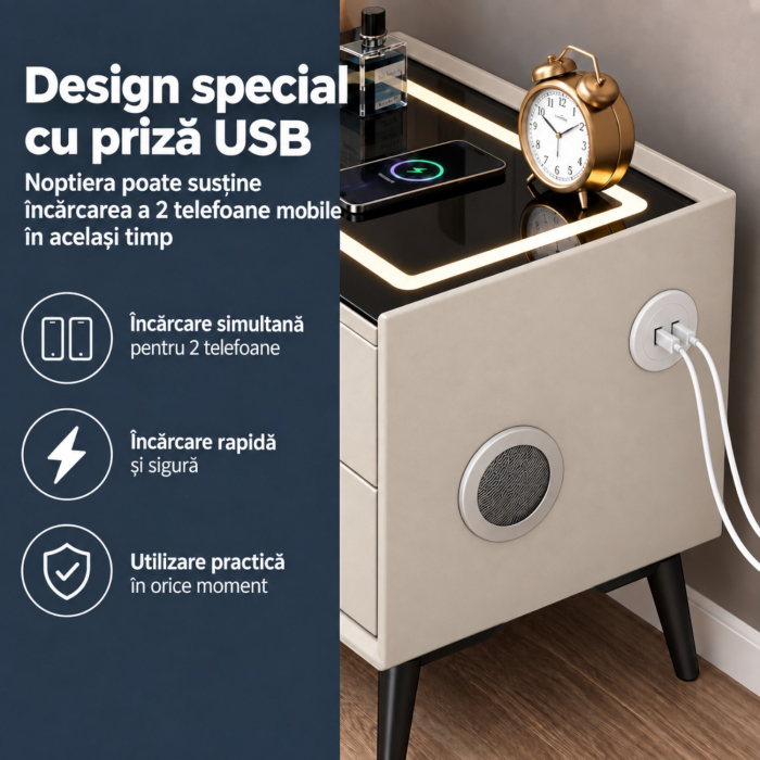 Noptiera Multifunctionala cu 2 Sertare, Incarcare Wireless si Boxa Bluetooth, Afisaj LED Tactil cu 3 Culori si 2 Porturi USB, 50x40x46cm, Gri Deschis [7]
