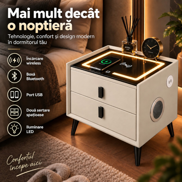 Noptiera Multifunctionala cu 2 Sertare, Incarcare Wireless si Boxa Bluetooth, Afisaj LED Tactil cu 3 Culori si 2 Porturi USB, 50x40x46cm, Gri Deschis [13]