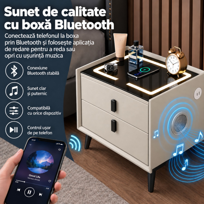 Noptiera Multifunctionala cu 2 Sertare, Incarcare Wireless si Boxa Bluetooth, Afisaj LED Tactil cu 3 Culori si 2 Porturi USB, 50x40x46cm, Gri Deschis [8]
