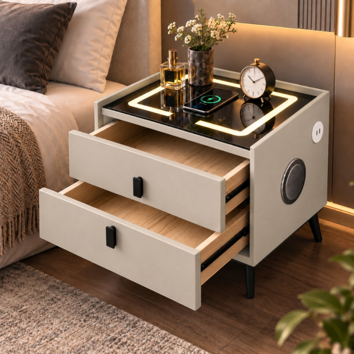 Noptiera Multifunctionala cu 2 Sertare, Incarcare Wireless si Boxa Bluetooth, Afisaj LED Tactil cu 3 Culori si 2 Porturi USB, 50x40x46cm, Gri Deschis [2]