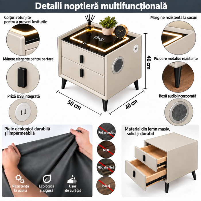 Noptiera Multifunctionala cu 2 Sertare, Incarcare Wireless si Boxa Bluetooth, Afisaj LED Tactil cu 3 Culori si 2 Porturi USB, 50x40x46cm, Gri Deschis [11]