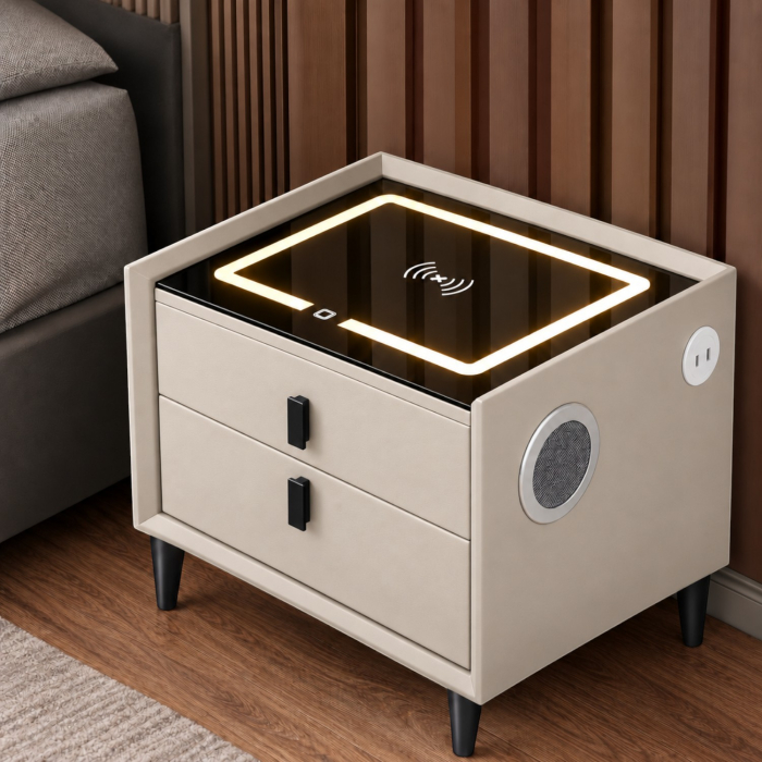 Noptiera Multifunctionala cu 2 Sertare, Incarcare Wireless si Boxa Bluetooth, Afisaj LED Tactil cu 3 Culori si 2 Porturi USB, 50x40x46cm, Gri Deschis [5]