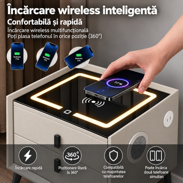 Noptiera Multifunctionala cu 2 Sertare, Incarcare Wireless si Boxa Bluetooth, Afisaj LED Tactil cu 3 Culori si 2 Porturi USB, 50x40x46cm, Gri Deschis [6]