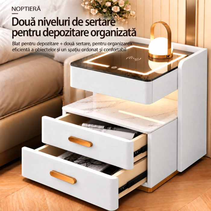 Noptiera Multifunctionala cu 2 Sertare, Spatiu de Depozitare, Blat din Piatra Sinterizata, Incarcare Wireless, Boxa Bluetooth, Port USB, Lumina de Noapte cu Senzor, 56x40x50cm, Alb [10]