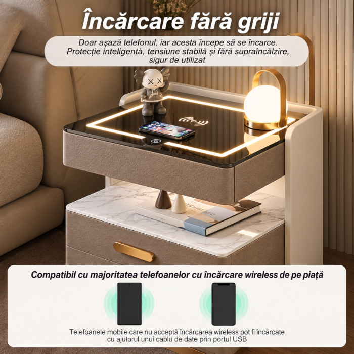Noptiera Multifunctionala cu 2 Sertare, Spatiu de Depozitare, Blat din Piatra Sinterizata, Incarcare Wireless, Boxa Bluetooth, Port USB, Lumina de Noapte cu Senzor, 56x40x50cm, Maro [4]