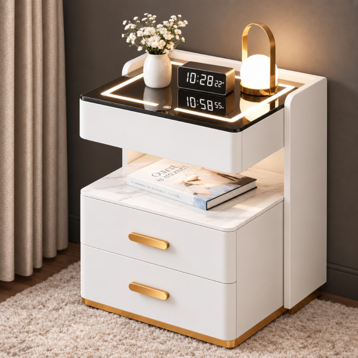 Noptiera Multifunctionala cu 2 Sertare, Spatiu de Depozitare, Blat din Piatra Sinterizata, Incarcare Wireless, Boxa Bluetooth, Port USB, Lumina de Noapte cu Senzor, 56x40x50cm, Alb [12]