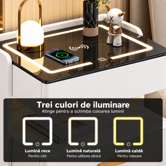 Noptiera Multifunctionala cu 2 Sertare, Spatiu de Depozitare, Blat din Piatra Sinterizata, Incarcare Wireless, Boxa Bluetooth, Port USB, Lumina de Noapte cu Senzor, 56x40x50cm, Alb [6]