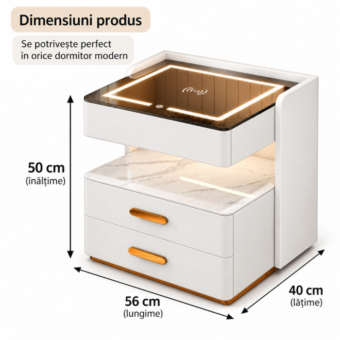 Noptiera Multifunctionala cu 2 Sertare, Spatiu de Depozitare, Blat din Piatra Sinterizata, Incarcare Wireless, Boxa Bluetooth, Port USB, Lumina de Noapte cu Senzor, 56x40x50cm, Alb [14]