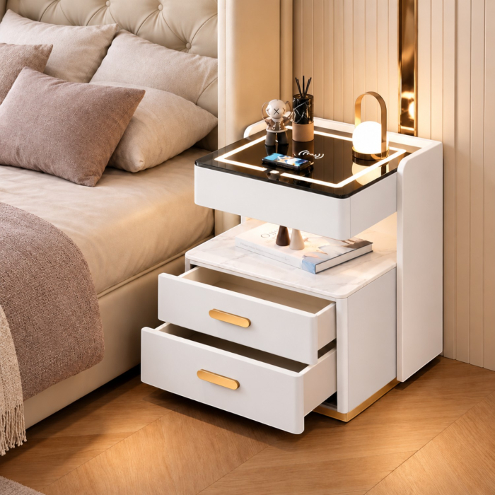 Noptiera Multifunctionala cu 2 Sertare, Spatiu de Depozitare, Blat din Piatra Sinterizata, Incarcare Wireless, Boxa Bluetooth, Port USB, Lumina de Noapte cu Senzor, 56x40x50cm, Alb [3]