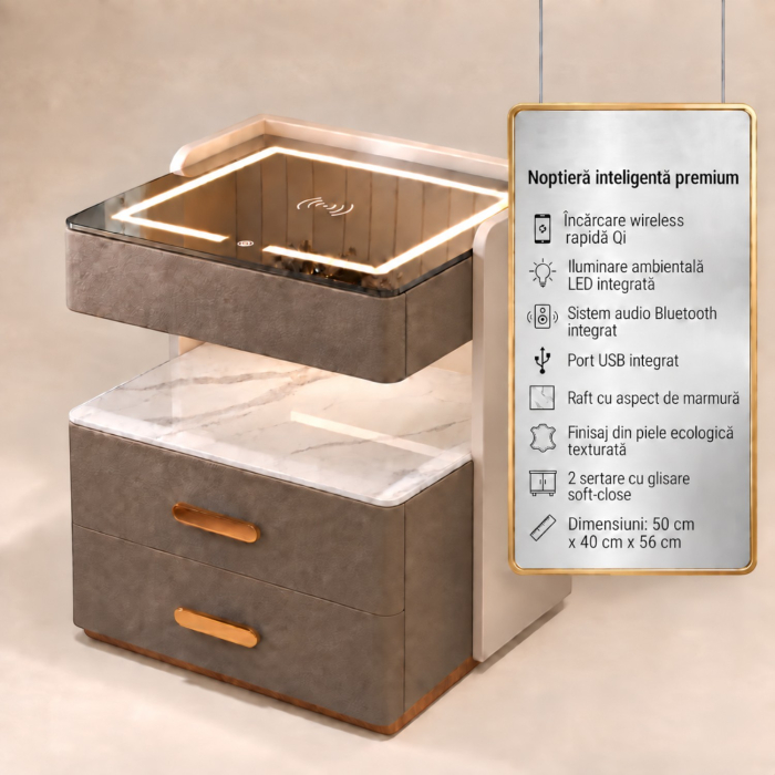 Noptiera Multifunctionala cu 2 Sertare, Spatiu de Depozitare, Blat din Piatra Sinterizata, Incarcare Wireless, Boxa Bluetooth, Port USB, Lumina de Noapte cu Senzor, 56x40x50cm, Maro [2]