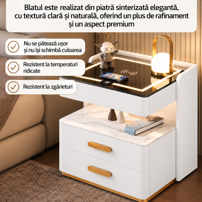Noptiera Multifunctionala cu 2 Sertare, Spatiu de Depozitare, Blat din Piatra Sinterizata, Incarcare Wireless, Boxa Bluetooth, Port USB, Lumina de Noapte cu Senzor, 56x40x50cm, Alb [7]
