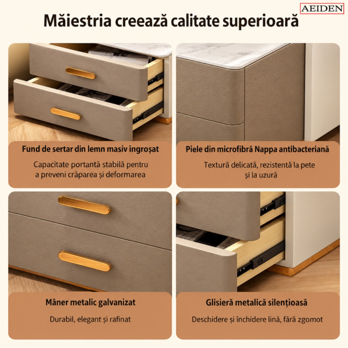 Noptiera Multifunctionala cu 2 Sertare, Spatiu de Depozitare, Blat din Piatra Sinterizata, Incarcare Wireless, Boxa Bluetooth, Port USB, Lumina de Noapte cu Senzor, 56x40x50cm, Maro [11]