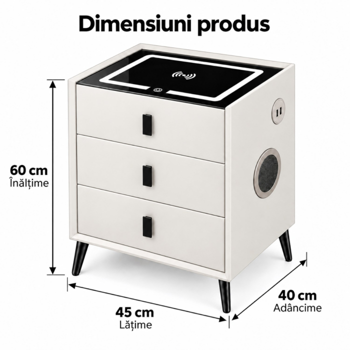 Noptiera Multifunctionala cu 3 Sertare, Incarcare Wireless si Boxa Bluetooth, Afisaj LED Tactil cu 3 Culori si 2 Porturi USB, 45x40x60cm, Alb [12]