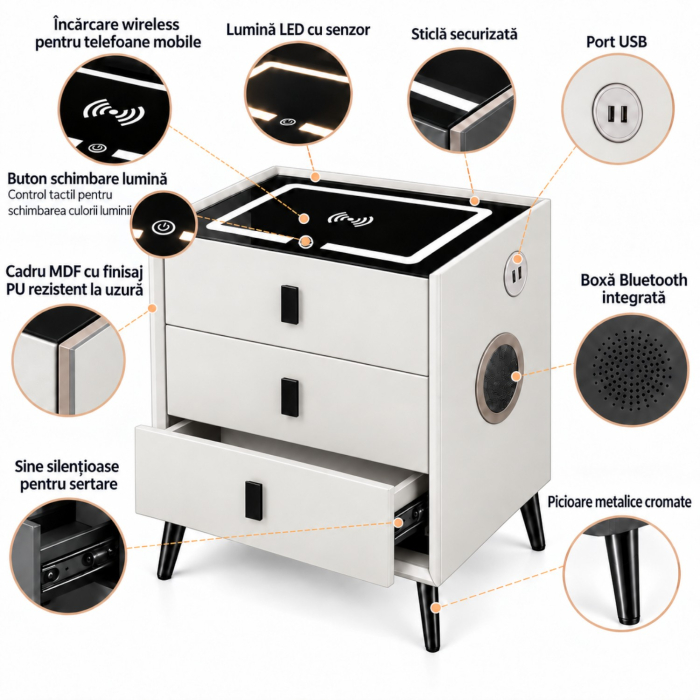 Noptiera Multifunctionala cu 3 Sertare, Incarcare Wireless si Boxa Bluetooth, Afisaj LED Tactil cu 3 Culori si 2 Porturi USB, 45x40x60cm, Alb [4]