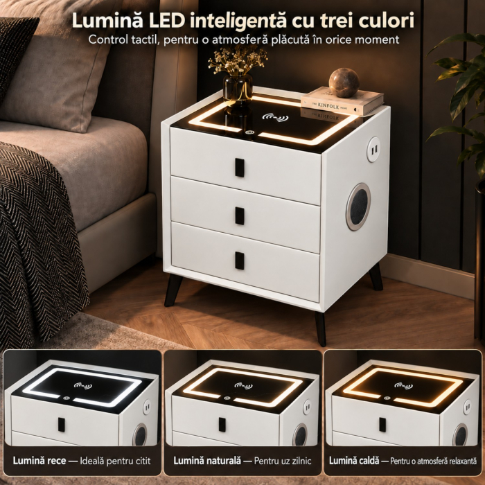 Noptiera Multifunctionala cu 3 Sertare, Incarcare Wireless si Boxa Bluetooth, Afisaj LED Tactil cu 3 Culori si 2 Porturi USB, 45x40x60cm, Alb [9]