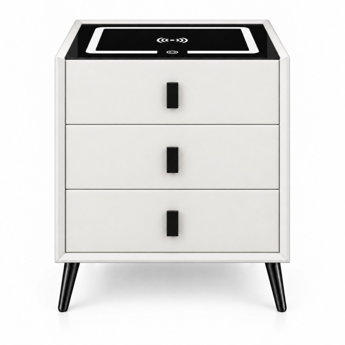 Noptiera Multifunctionala cu 3 Sertare, Incarcare Wireless si Boxa Bluetooth, Afisaj LED Tactil cu 3 Culori si 2 Porturi USB, 45x40x60cm, Alb [2]