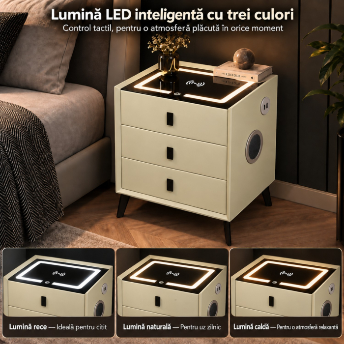 Noptiera Multifunctionala cu 3 Sertare, Incarcare Wireless si Boxa Bluetooth, Afisaj LED Tactil cu 3 Culori si 2 Porturi USB, 45x40x60cm, Bej [9]