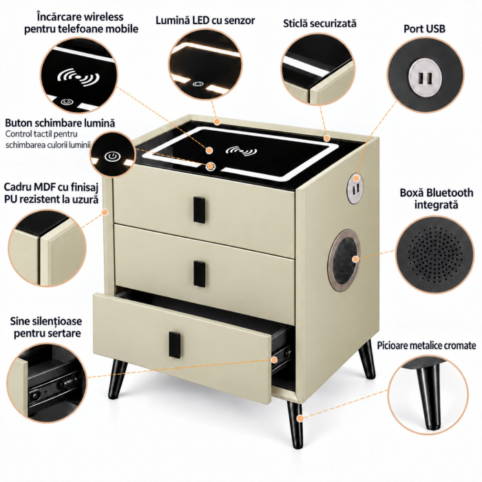 Noptiera Multifunctionala cu 3 Sertare, Incarcare Wireless si Boxa Bluetooth, Afisaj LED Tactil cu 3 Culori si 2 Porturi USB, 45x40x60cm, Bej [4]