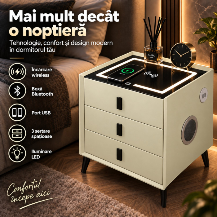 Noptiera Multifunctionala cu 3 Sertare, Incarcare Wireless si Boxa Bluetooth, Afisaj LED Tactil cu 3 Culori si 2 Porturi USB, 45x40x60cm, Bej [13]