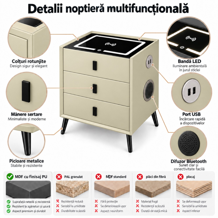 Noptiera Multifunctionala cu 3 Sertare, Incarcare Wireless si Boxa Bluetooth, Afisaj LED Tactil cu 3 Culori si 2 Porturi USB, 45x40x60cm, Bej [11]