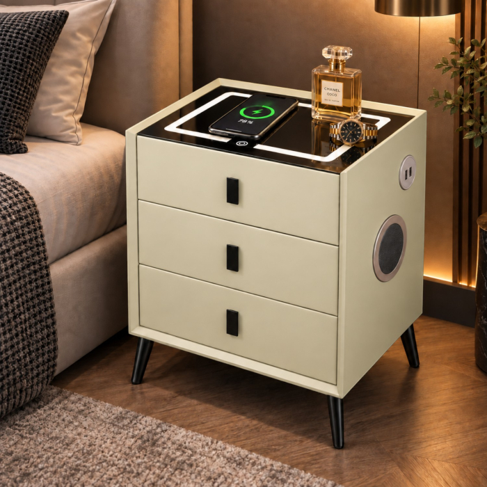 Noptiera Multifunctionala cu 3 Sertare, Incarcare Wireless si Boxa Bluetooth, Afisaj LED Tactil cu 3 Culori si 2 Porturi USB, 45x40x60cm, Bej [5]