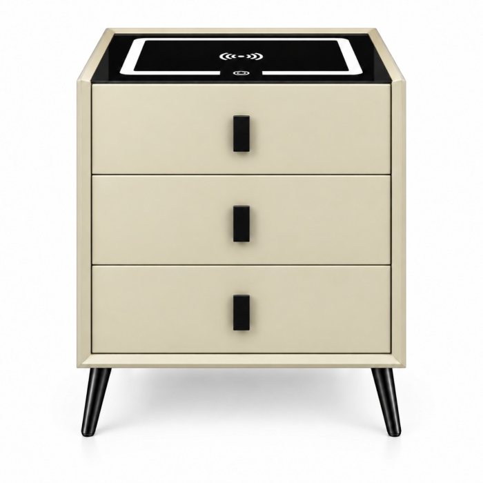 Noptiera Multifunctionala cu 3 Sertare, Incarcare Wireless si Boxa Bluetooth, Afisaj LED Tactil cu 3 Culori si 2 Porturi USB, 45x40x60cm, Bej [2]