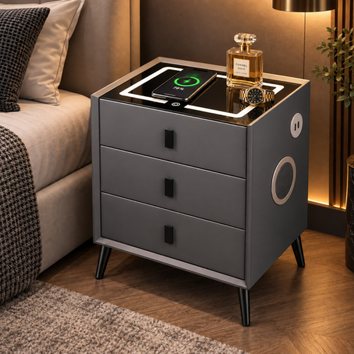 Noptiera Multifunctionala cu 3 Sertare, Incarcare Wireless si Boxa Bluetooth, Afisaj LED Tactil cu 3 Culori si 2 Porturi USB, 45x40x60cm, Gri Antracit [5]