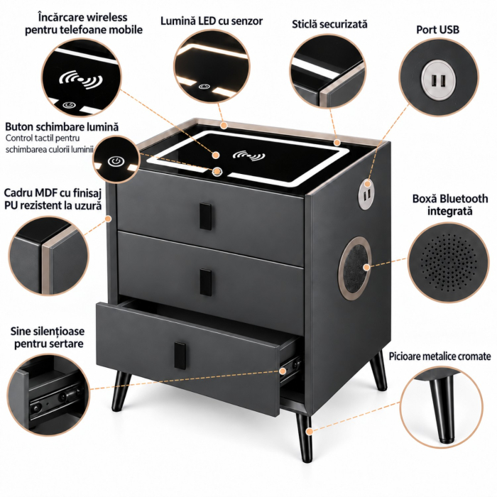 Noptiera Multifunctionala cu 3 Sertare, Incarcare Wireless si Boxa Bluetooth, Afisaj LED Tactil cu 3 Culori si 2 Porturi USB, 45x40x60cm, Gri Antracit [4]