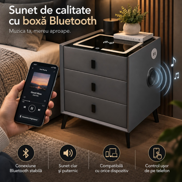 Noptiera Multifunctionala cu 3 Sertare, Incarcare Wireless si Boxa Bluetooth, Afisaj LED Tactil cu 3 Culori si 2 Porturi USB, 45x40x60cm, Gri Antracit [7]