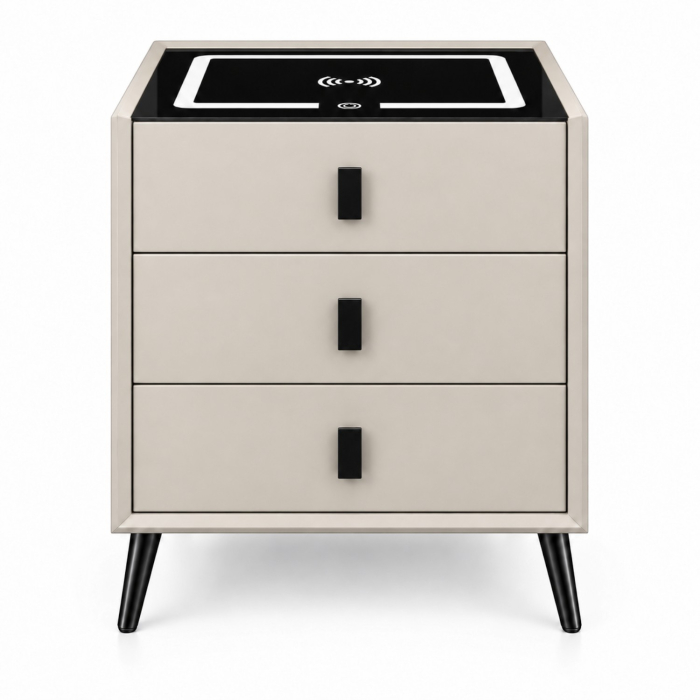Noptiera Multifunctionala cu 3 Sertare, Incarcare Wireless si Boxa Bluetooth, Afisaj LED Tactil cu 3 Culori si 2 Porturi USB, 45x40x60cm, Gri Deschis [2]