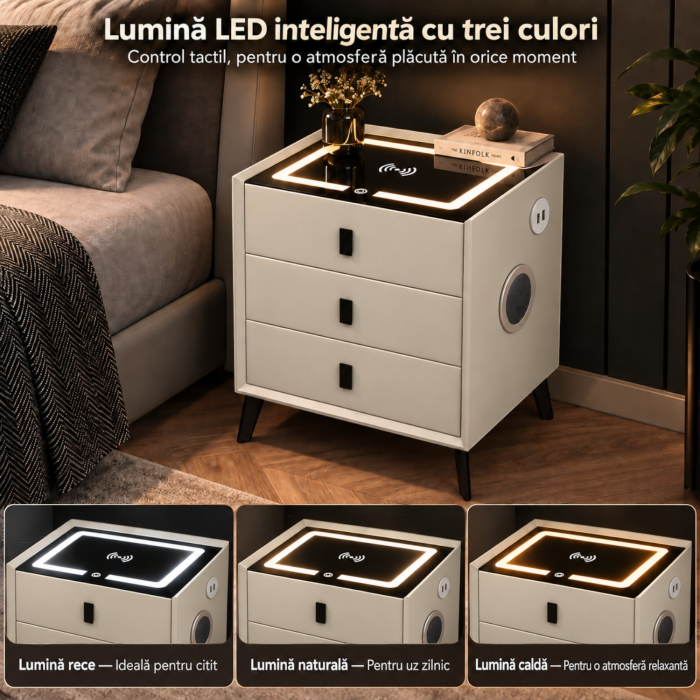 Noptiera Multifunctionala cu 3 Sertare, Incarcare Wireless si Boxa Bluetooth, Afisaj LED Tactil cu 3 Culori si 2 Porturi USB, 45x40x60cm, Gri Deschis [9]