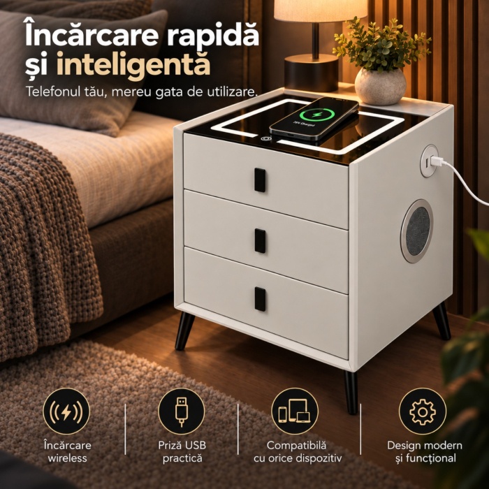 Noptiera Multifunctionala cu 3 Sertare, Incarcare Wireless si Boxa Bluetooth, Afisaj LED Tactil cu 3 Culori si 2 Porturi USB, 45x40x60cm, Gri Deschis [8]